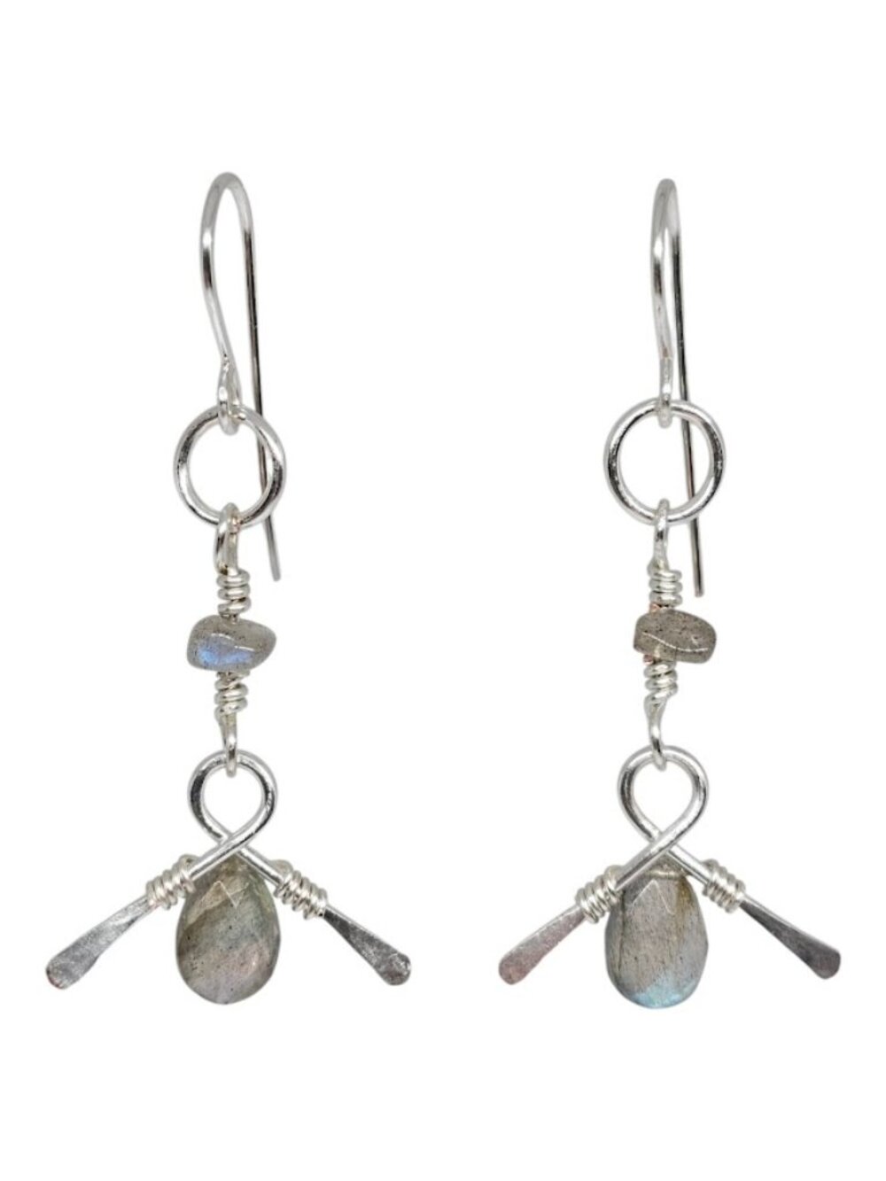 Handmade Gray Labradorite Teardrop Gemstone Silver Wire Wrap Drop Boho Earrings